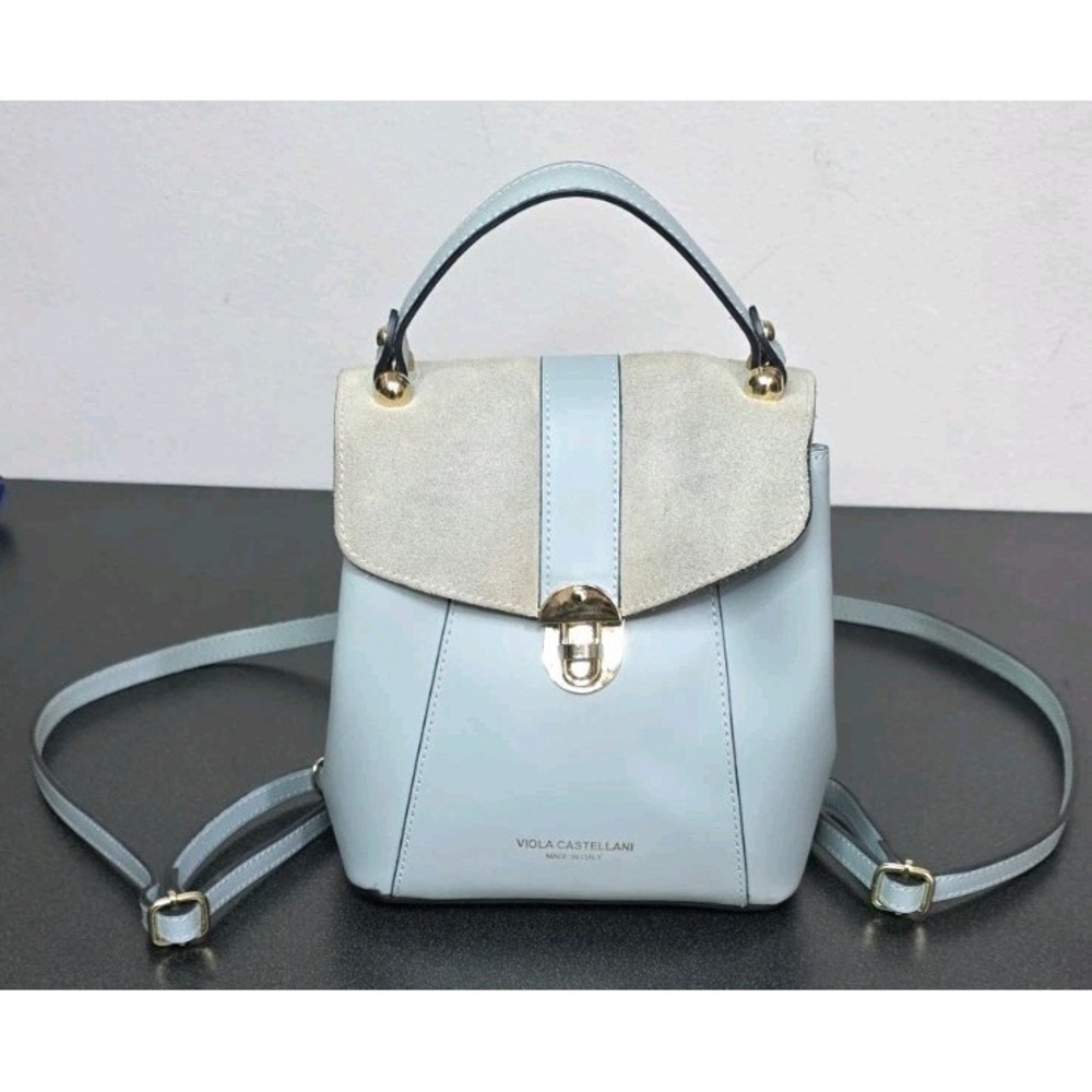Viola Castellani Robin Egg Blue Leather Designer Mini Backpack Tote Italy Purse